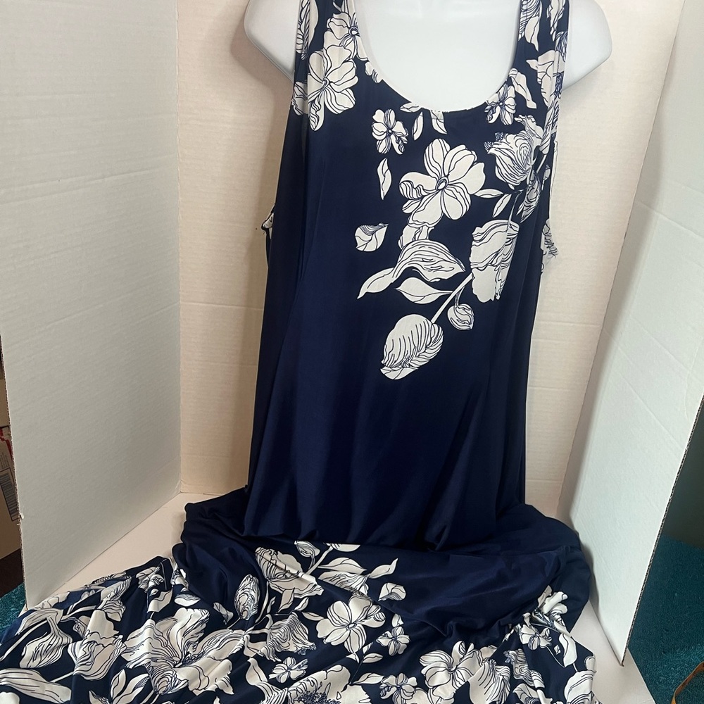 Reborn Women’s Maxi Dress 3XL Navy Blue White Floral Print Short Sleeve